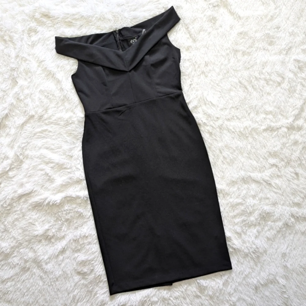 Eci Black Off The Shoulder Wide Neck Fitted Bodycon Sheath Dress Size 8